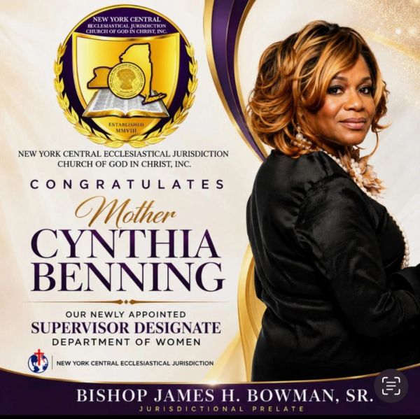 Congratulatory announcement for Mother Cynthia Benning's appointment as Supervisor Designate in the Department of Women.