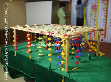 Pellipoolajada_Pandiri_Vizag: Pelli Pandiri with palm leaf parrots and pom poms