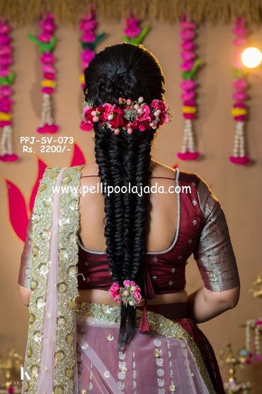 Pellipoolajada_FreshFlowerVeni_Guntur: purple Floral veni for fish braided hairstyle  with fruitpods