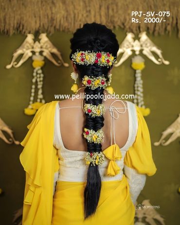 Pellipoolajada_FreshFlowerVeni_Warangal: Babybreath floral veni in yellow and red combo 