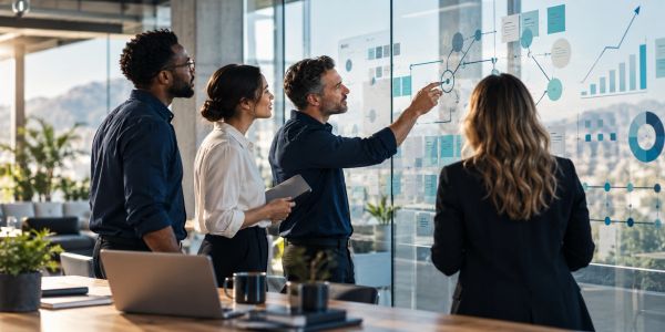 Colleagues analyzing data charts on a glass board in an office.