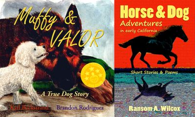 Book covers featuring dogs and horses in adventurous stories.