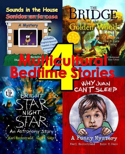 Covers of four multicultural bedtime stories with bilingual and educational themes.