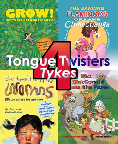 Four children's books with colorful covers and a 'Tongue Twisters 4 Tykes' logo in the center.