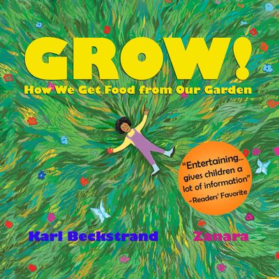 Colorful book cover titled 'GROW!' about gardening and food with a child lying on grass.