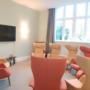 Cozy meeting room with soft armchairs and natural light.