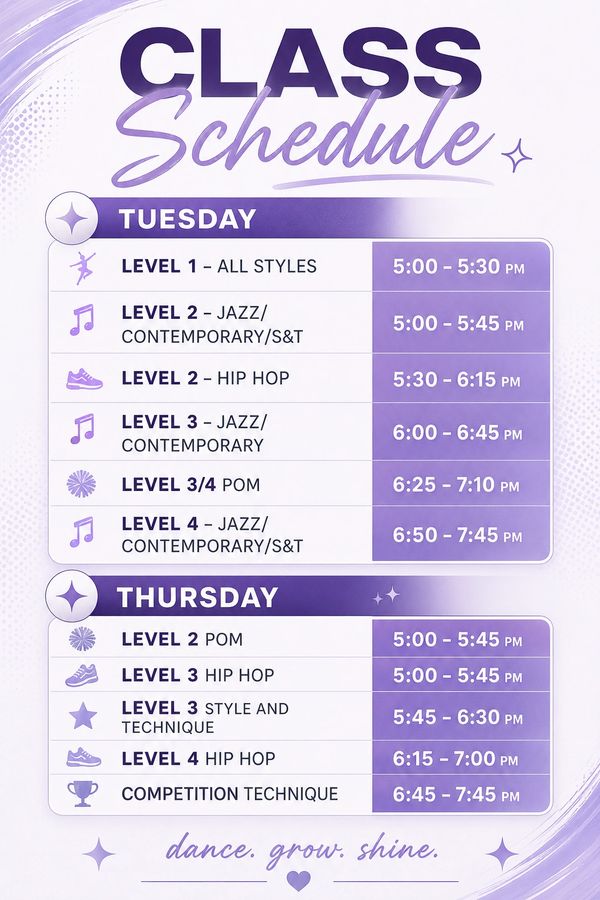 Class schedule for Tuesday and Thursday dance classes.
