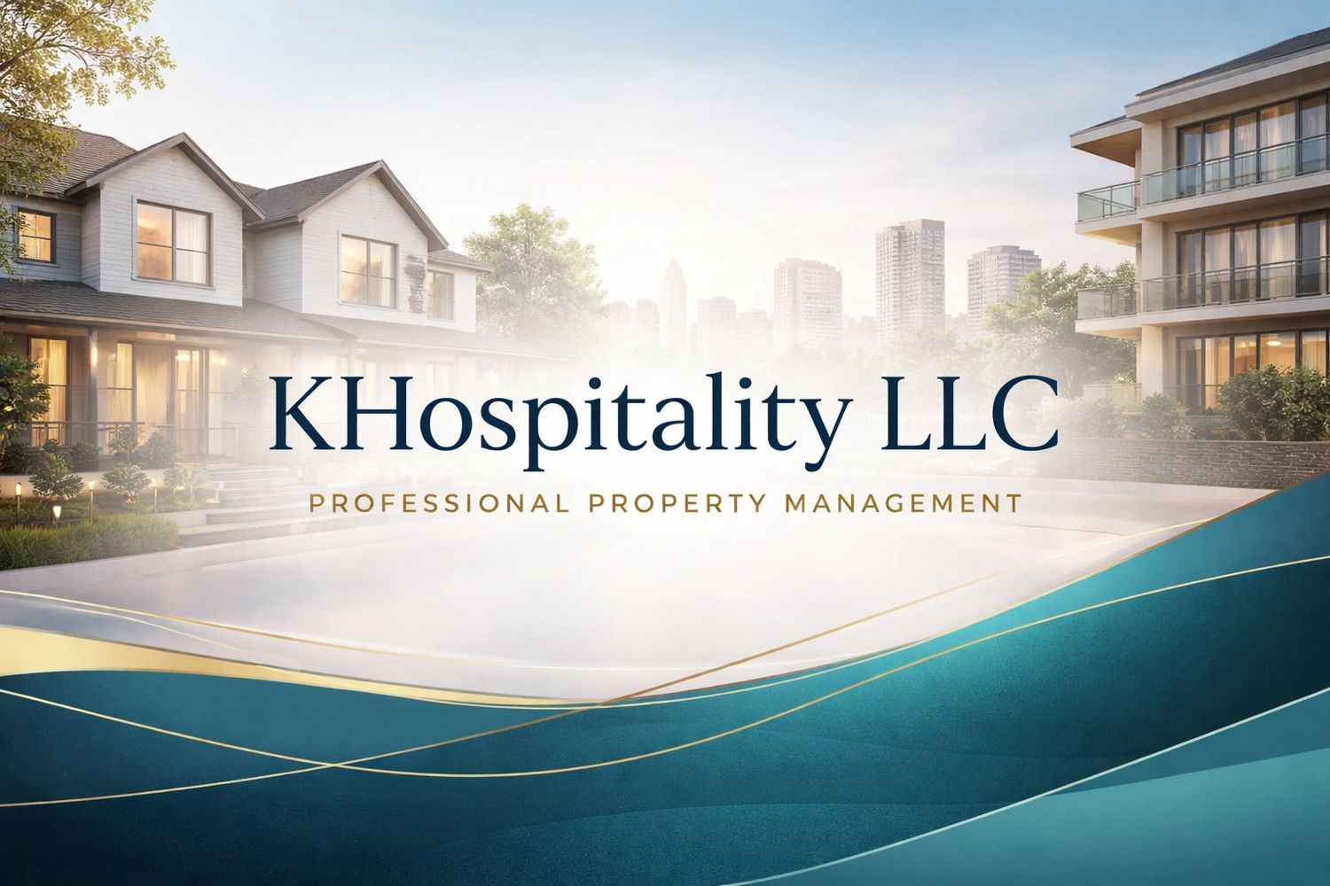 KH Hospitality LLC logo with residential and cityscape background.