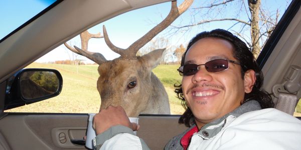 Smiling man wearing sunglasses feeding a deer with large antlers.