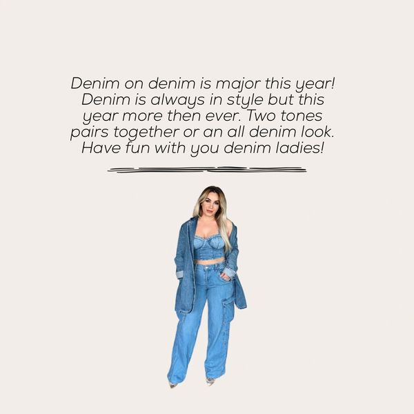 Woman showcasing denim-on-denim fashion.