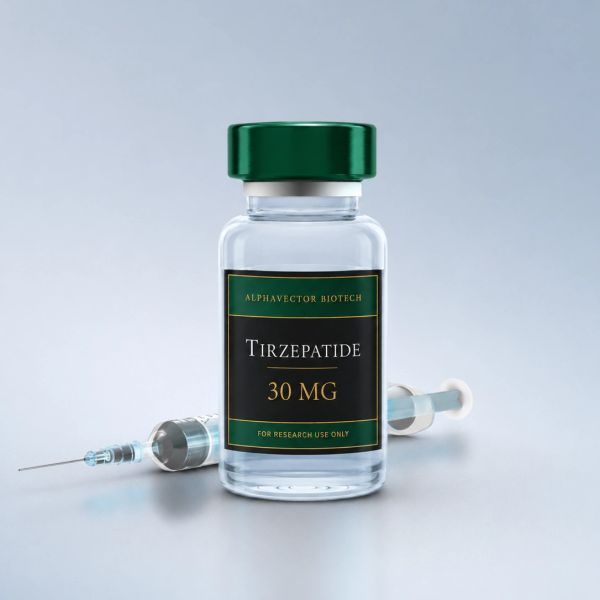 Vial of Tirzepatide 30 MG with syringe for research use only.