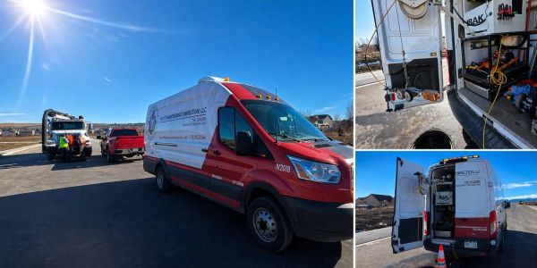 Inspection and testing service vans and equipment under a clear blue sky.