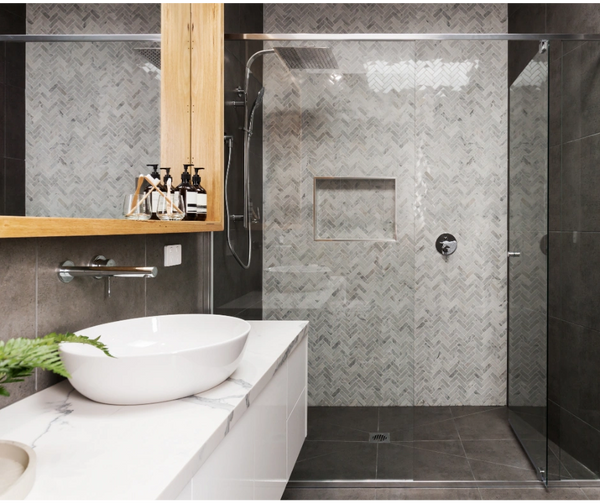 WILLIAMSTOWN: Modern Bathroom where the shower was extended to utilise space for functionality