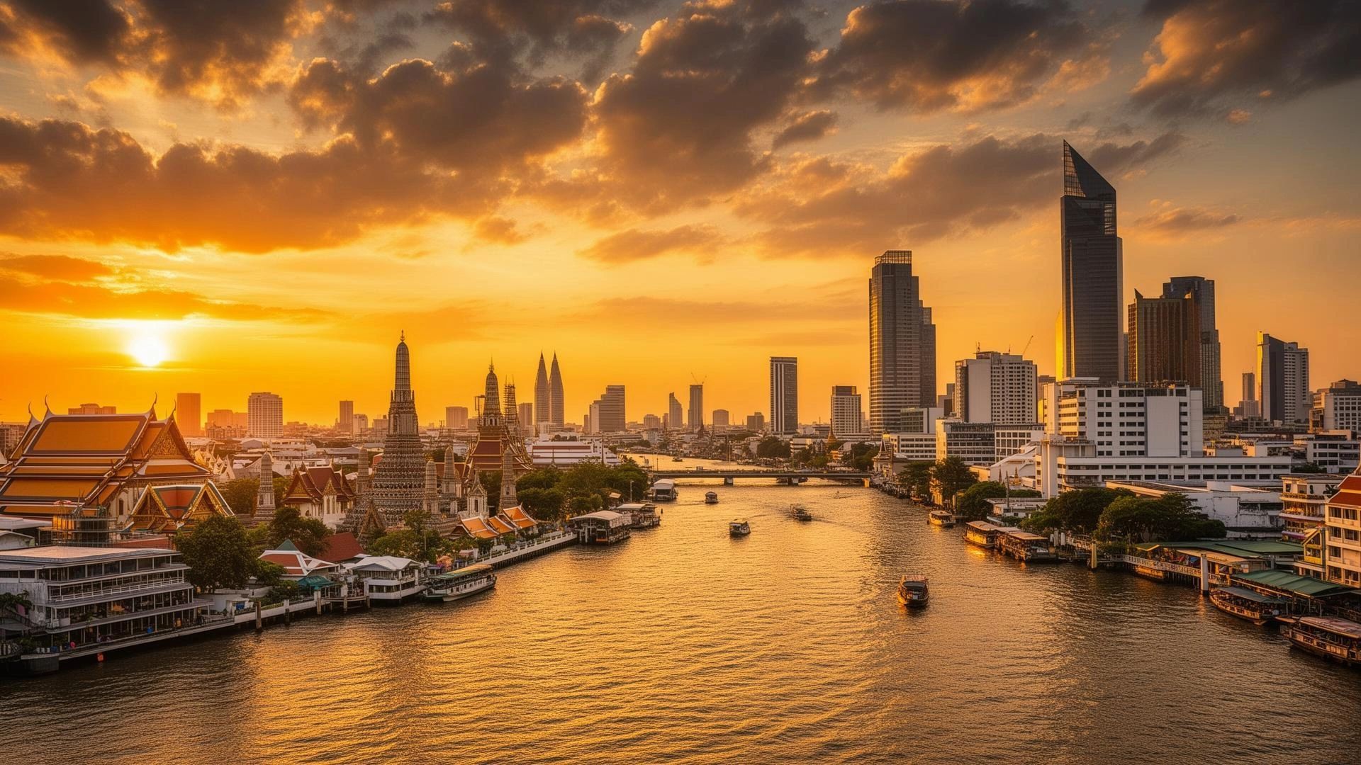 Sunset over a river with city skyline and traditional buildings.
