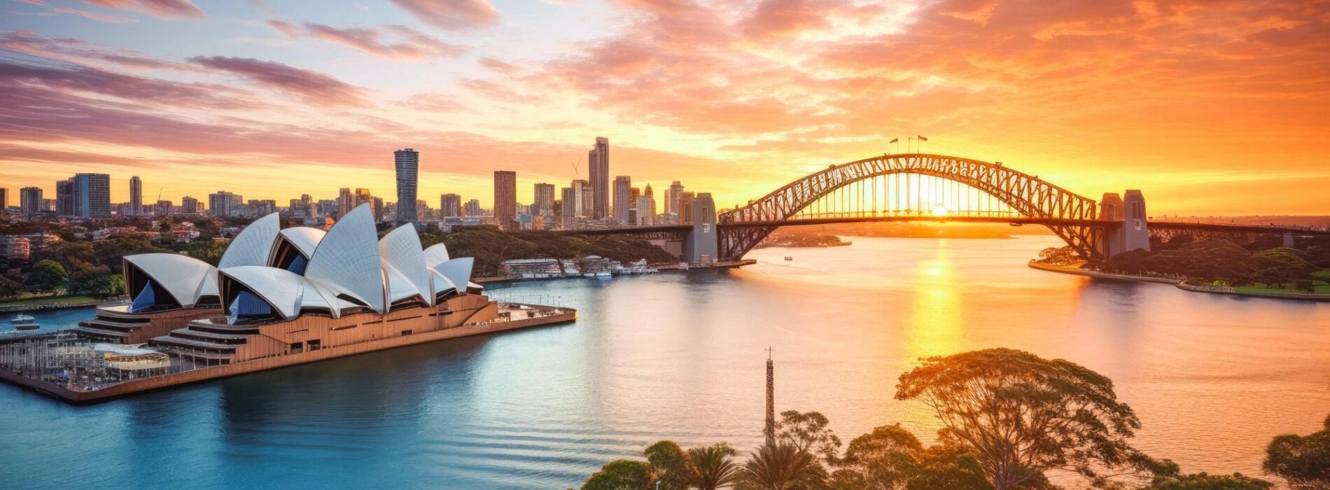 Sydney Opera House and Harbour Bridge at sunset.