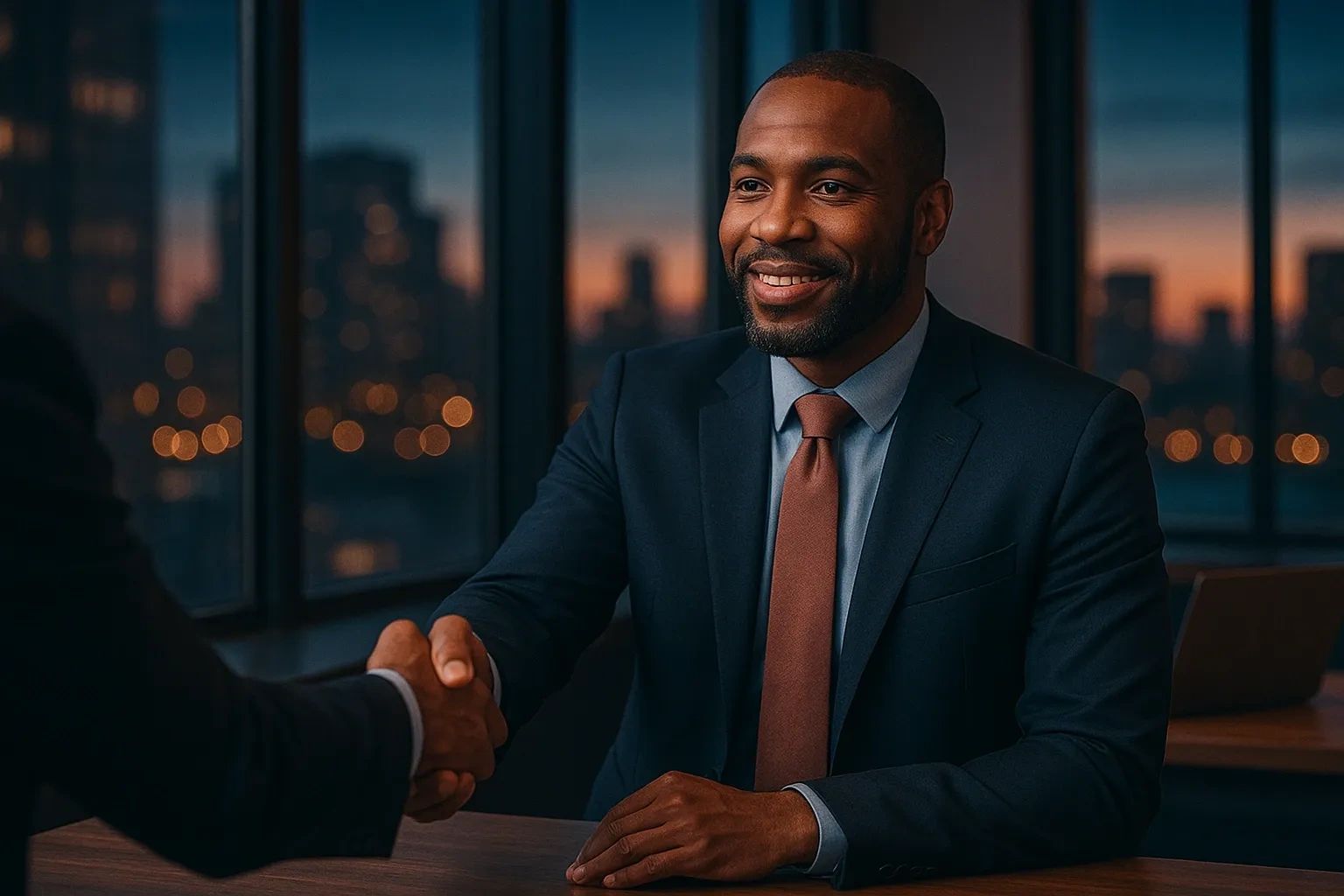 A man in a suit and tie shaking hands with another person.