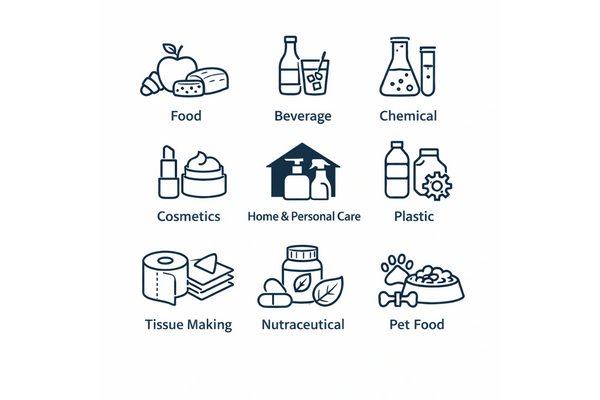 Icons representing nine different industry sectors including food, beverage, chemical, cosmetics, home care, plastic, tissue making, nutraceutical, and pet food.