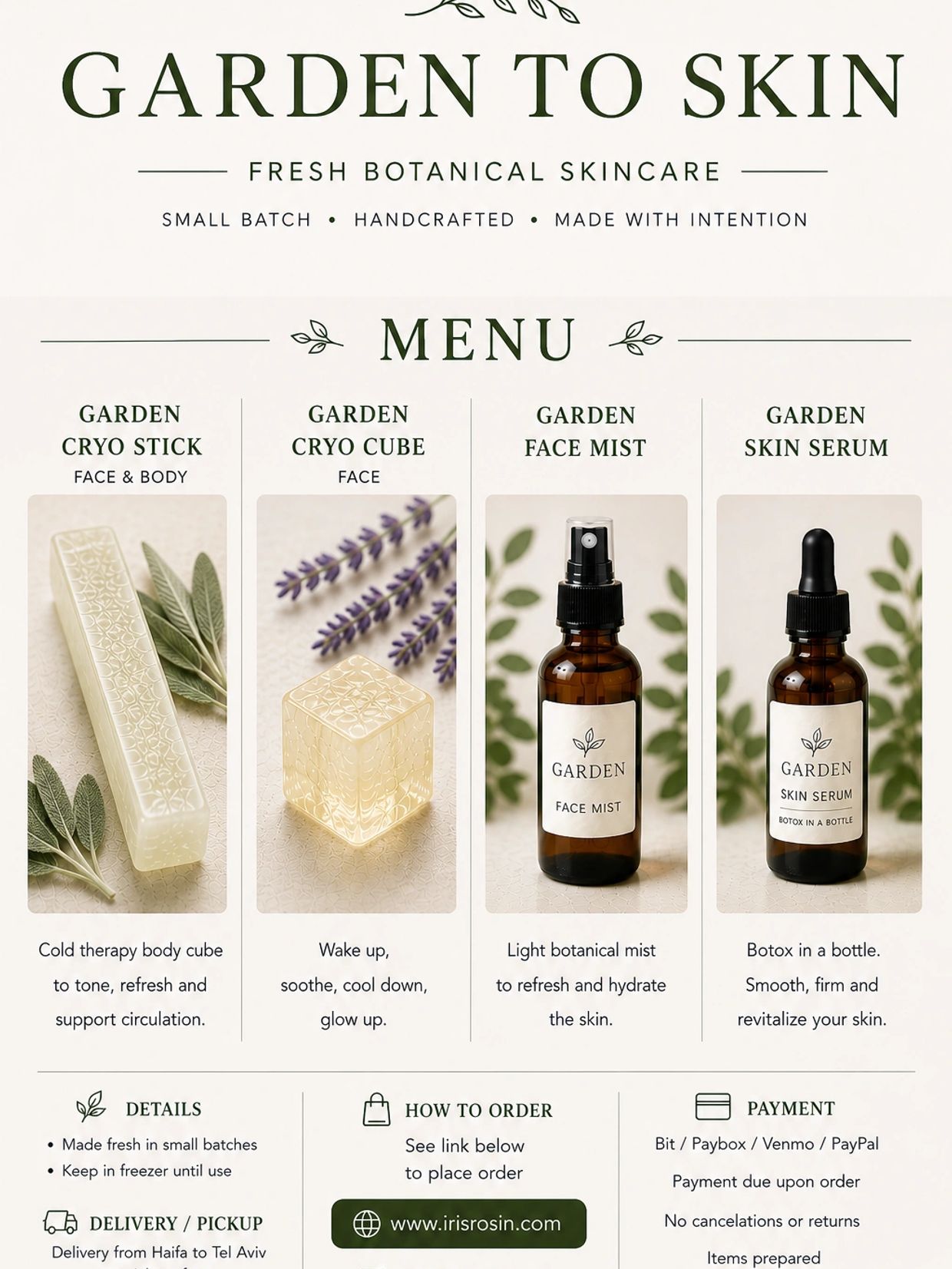 Garden to Skin offers handcrafted botanical skincare with cryo sticks, cubes, face mist, and skin serum.