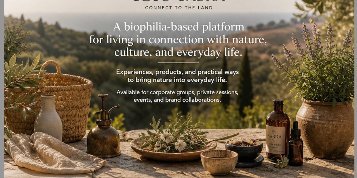 A serene table setup with natural products promoting a biophilia-based lifestyle platform.
