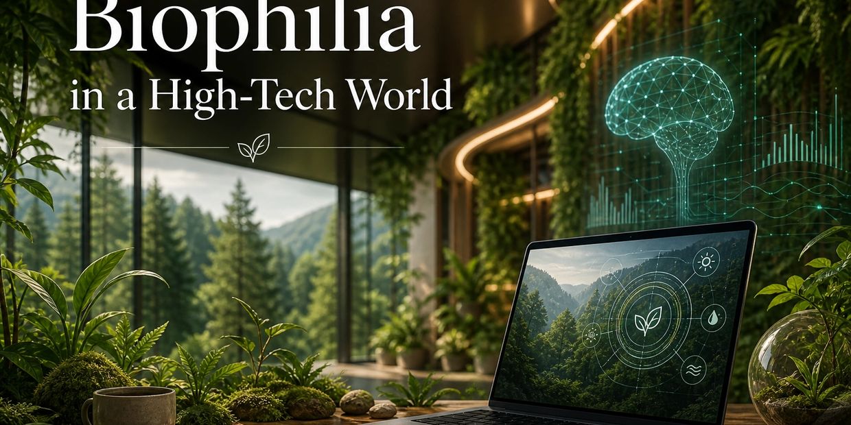 Biophilia concept blending nature with advanced technology in a modern workspace.