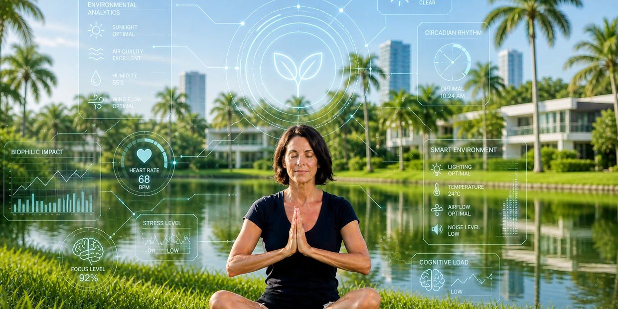 Woman meditating outdoors with health and environmental data overlays.