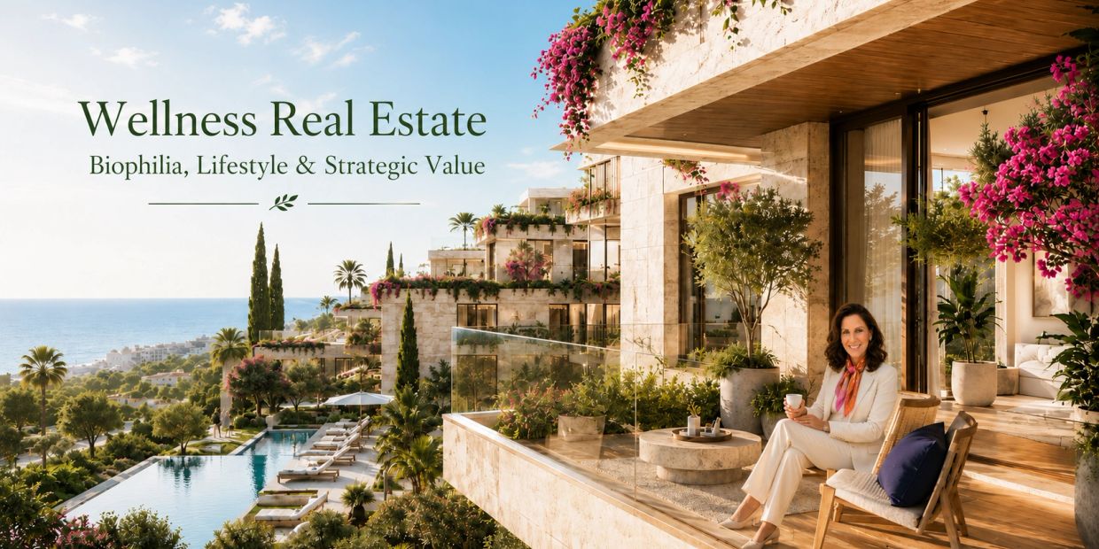 Luxury wellness real estate with ocean views and lush greenery.