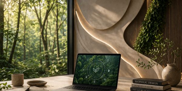 Laptop on desk with biophilic design elements and forest view.