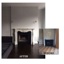 before & after, fireplace, renovation, design, transformation, french, antique, marble, velvet, grey