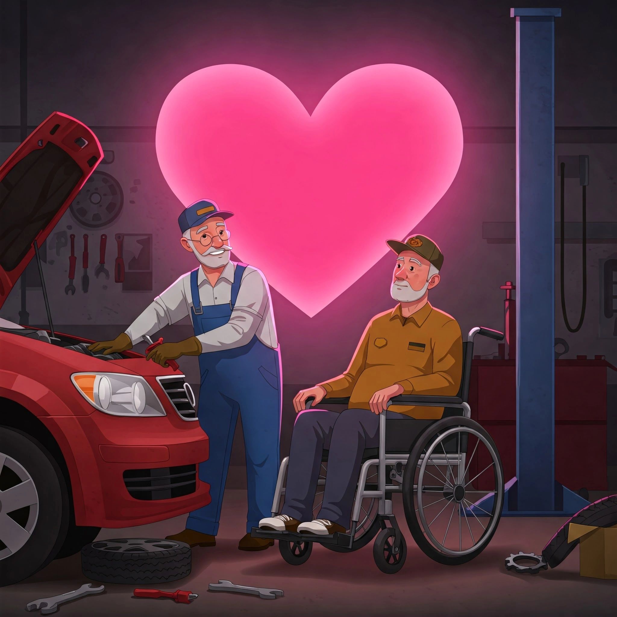 Heart felt image of a mechanic fixing a disabled military veterans vehicle. Heart in background
