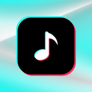 Black music note icon with cyan and red shadows.