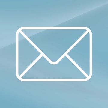 White envelope icon on blue background.