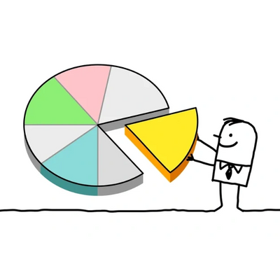 Cartoon businessman holding a large yellow pie chart slice, symbolizing market share, data-driven de