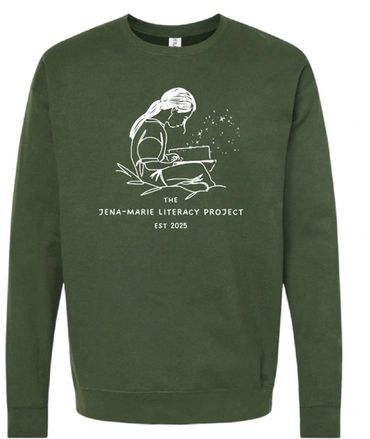 Green sweatshirt with a white illustration of a girl reading a book.