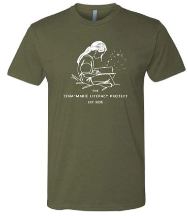 Olive green t-shirt with white graphic of a girl reading and literacy project text.