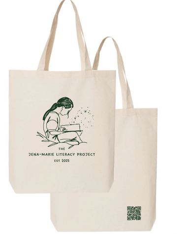 Canvas tote bag with a child reading and literacy project logo.