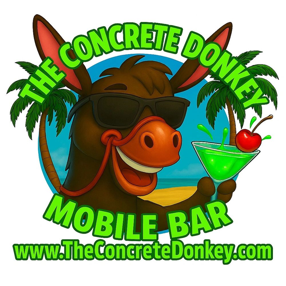 Logo of The Concrete Donkey Mobile Bar with a donkey holding a green cocktail.
