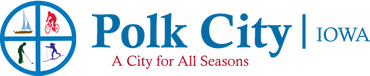 Logo of Polk City, Iowa, featuring four seasonal icons and a tagline.