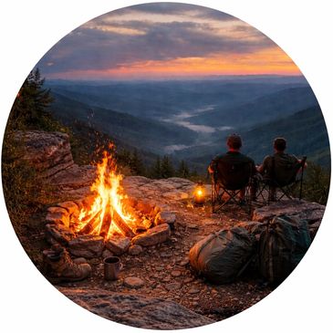 Two campers enjoy a campfire overlooking a scenic mountain valley at sunset.