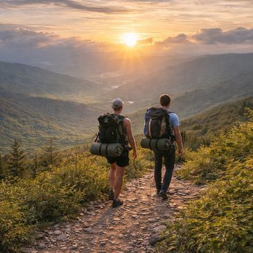 Two hikers walk on a mountain trail at sunset, carrying backpacks and camping gear.