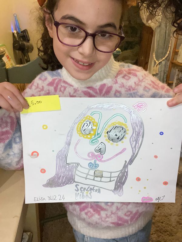 “This is my first piece of art that I am selling! I love skeletons and my favourite movie is Coco!”