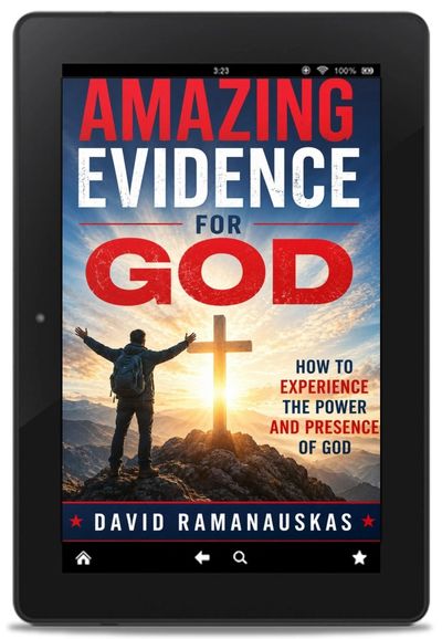 E-book cover titled Amazing Evidence for God by David Ramanauskas with a cross and person at sunrise