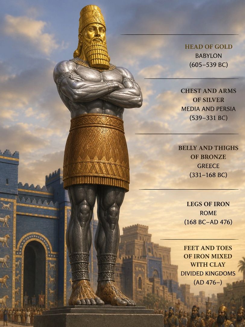 A statue representing ancient kingdoms with different metals.