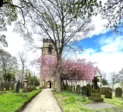 Old church with cherry blossoms and gravestones.