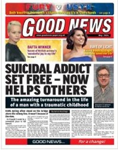 Newspaper cover with uplifting story about a suicidal addict's recovery.