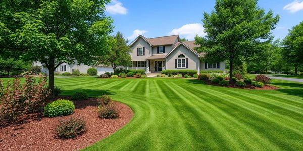 A beautiful house with a manicured lawn and lush green trees.