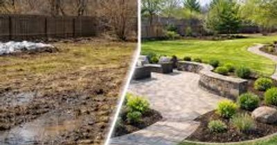 Before and after backyard transformation showing muddy yard turned into a landscaped patio.