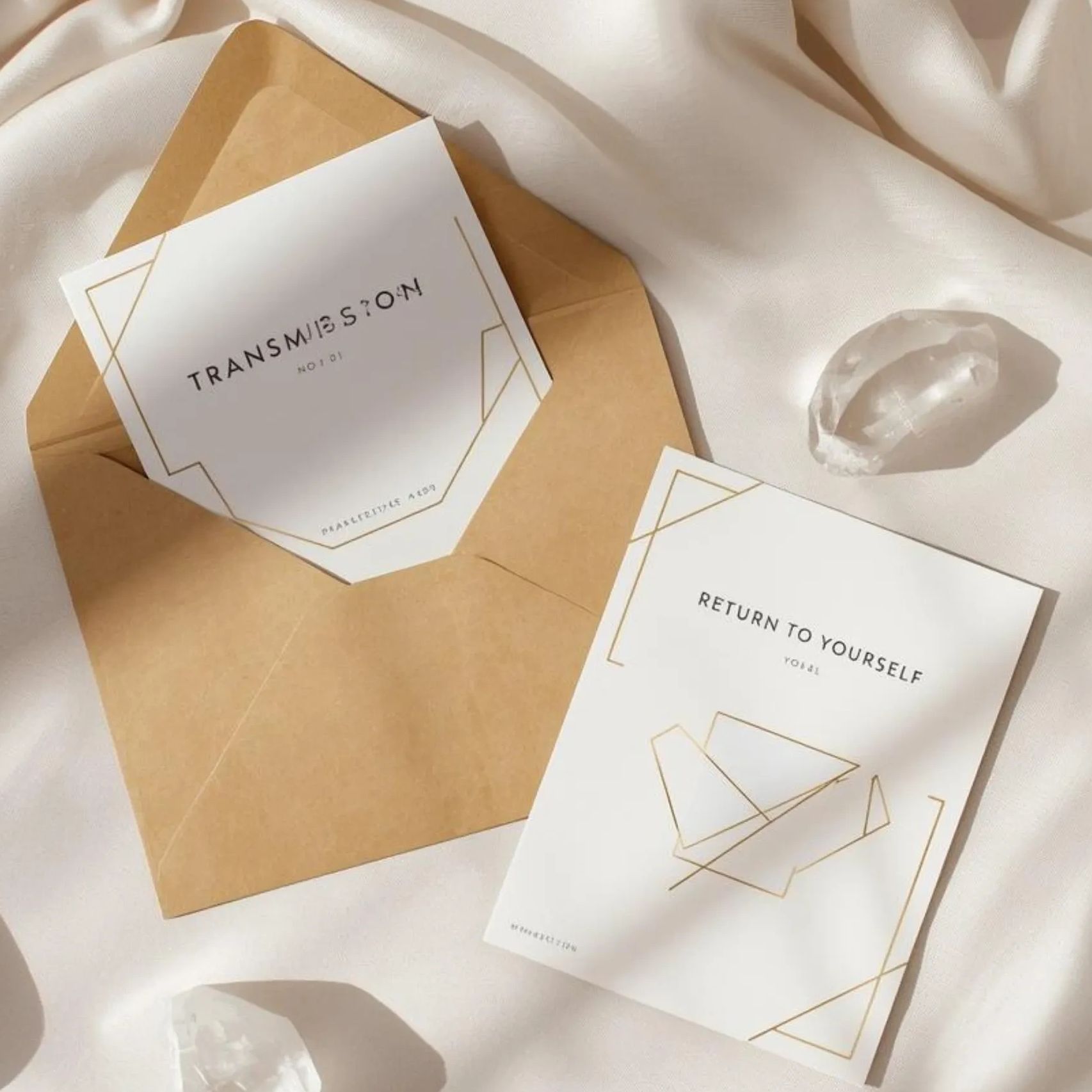 Minimalist cards and envelope on soft fabric with clear quartz crystals.