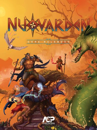 Nuovarden Core Rulebook cover with fantasy characters and a monster in an autumn setting.