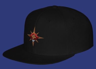 Black, flat-brimmed hat with sky crystal logo.