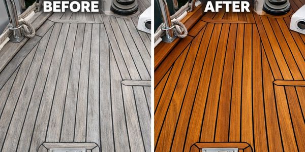 Before and after wood deck restoration on a boat.
